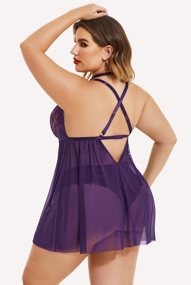 Plus Size Purple Lace Babydoll with Choker - Sexy Lingerie