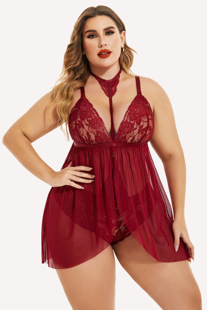 Plus size red lace babydoll lingerie with mesh overlay and choker. Sexy sleepwear for women.
