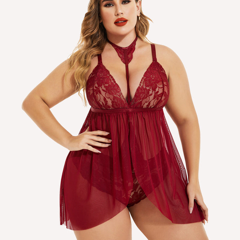 Plus size red lace babydoll lingerie with mesh overlay and choker. Sexy sleepwear for women.