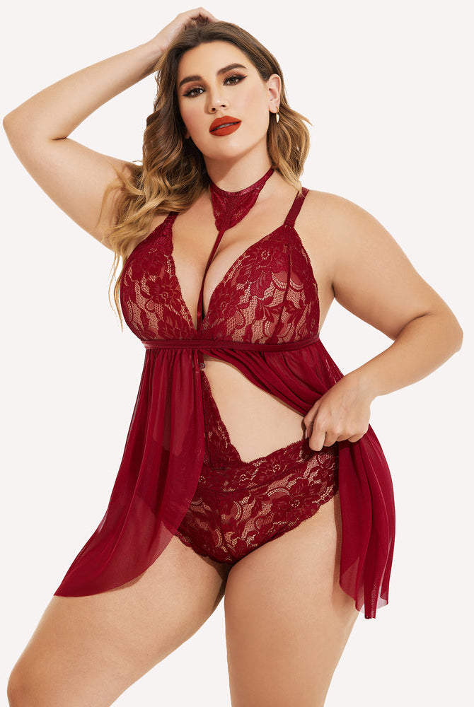 Plus Size Red Lace Babydoll Lingerie with Choker and Mesh Overlay - Sexy Sleepwear
