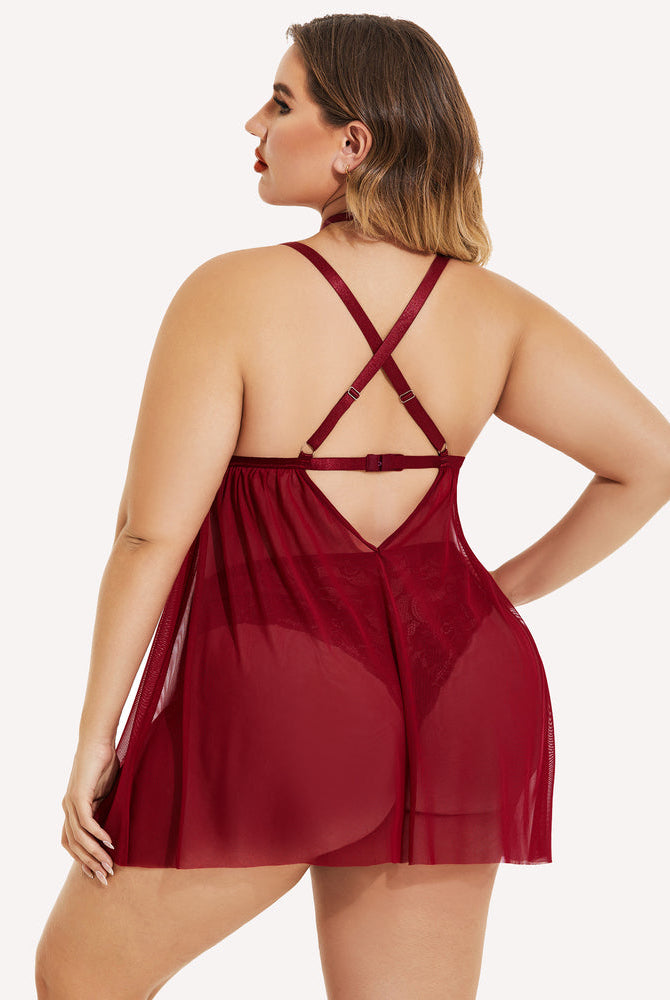 Plus size red lace babydoll lingerie with mesh overlay and choker, back view. Sexy sleepwear.