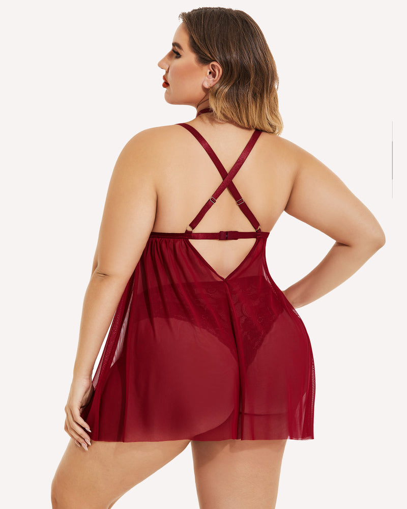 Plus size red lace babydoll lingerie with mesh overlay and choker, back view. Sexy sleepwear.