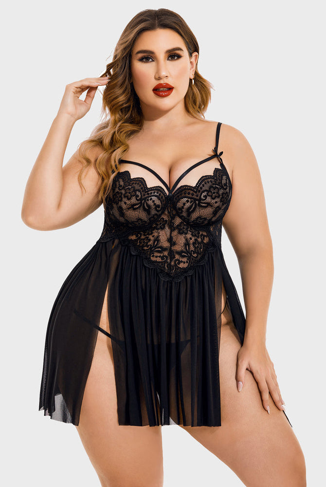 Plus size black lace babydoll lingerie with high slit, scalloped trim, and adjustable straps.