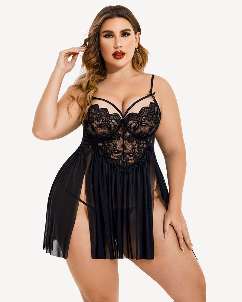 Plus size babydoll lingerie in black with lace detailing and mesh side slit, Avidlove product