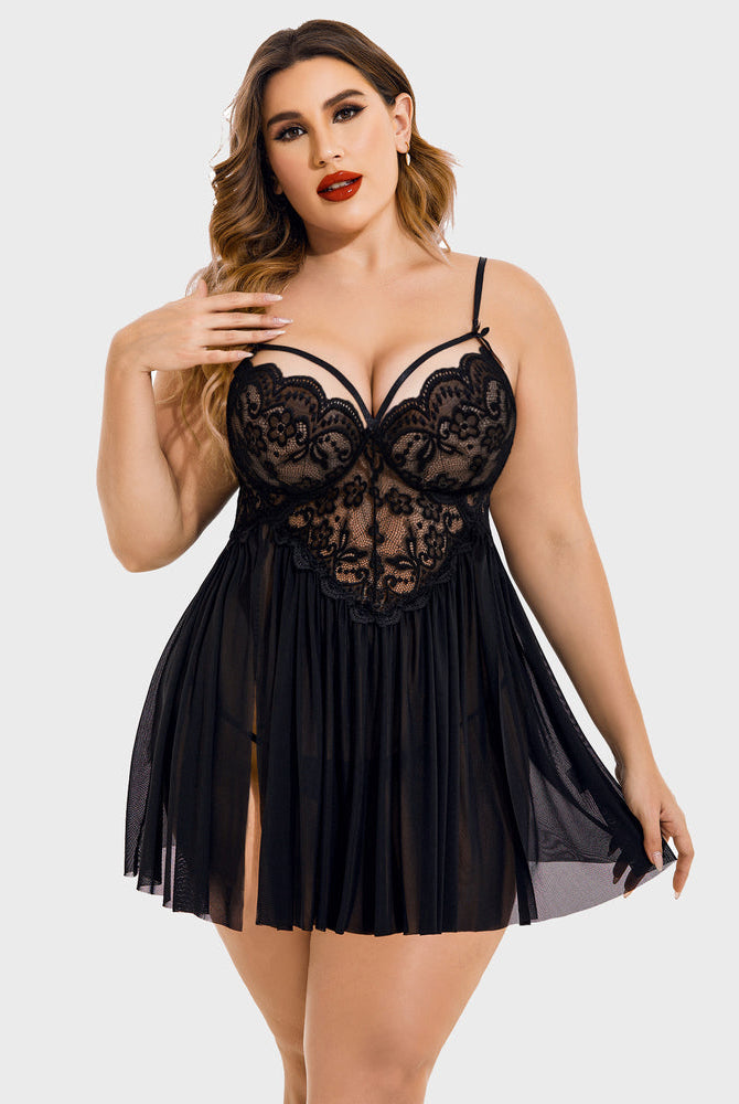 Plus Size Black Lace Babydoll Lingerie with High Slit - Adjustable Straps and Scalloped Trim