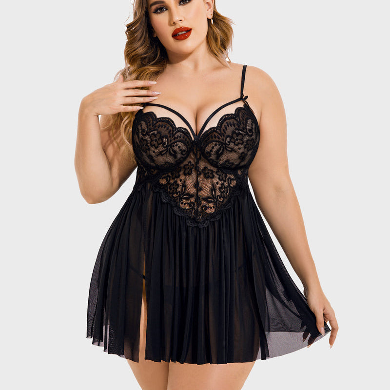 Plus Size Black Lace Babydoll Lingerie with High Slit - Adjustable Straps and Scalloped Trim