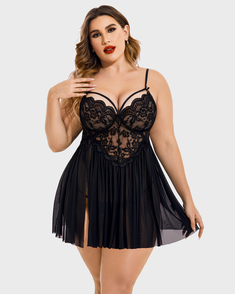 Plus Size Black Lace Babydoll Lingerie with High Slit - Adjustable Straps and Scalloped Trim