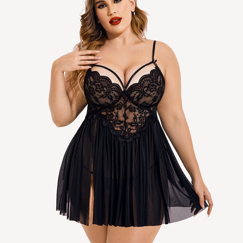 Plus Size V Neck Mesh Side Slit Babydolls - Black lingerie with lace details and adjustable straps
