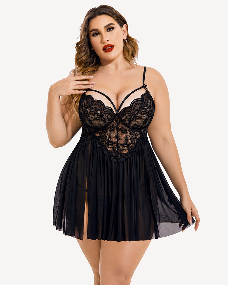 Plus Size V Neck Mesh Side Slit Babydolls - Black lingerie with lace details and adjustable straps