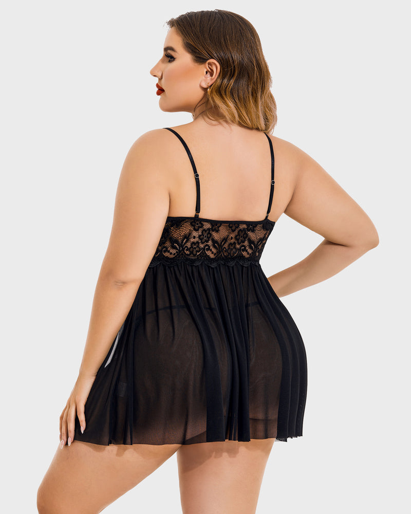 Black lace babydoll lingerie, plus size with adjustable straps and high slit, for confident women.