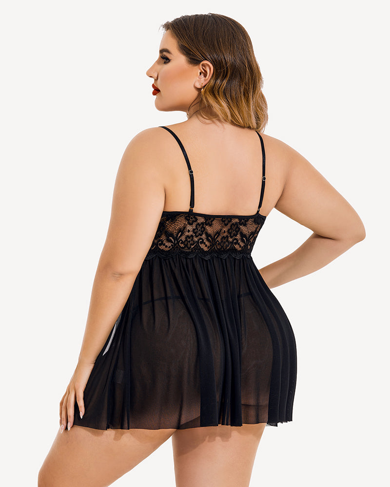 Plus Size Black Babydoll Lingerie with Lace Detail and Adjustable Straps