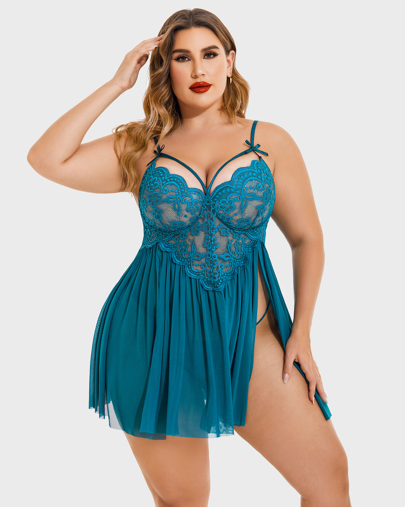 Teal plus size babydoll lingerie with lace detail, mesh side slit, and adjustable straps.