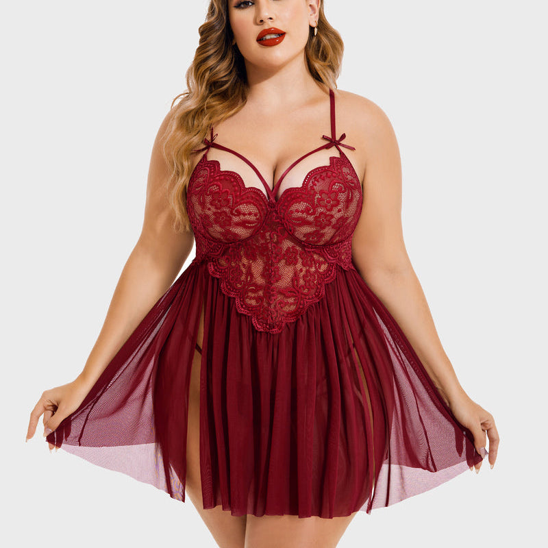 Burgundy plus size babydoll lingerie with lace detail and mesh side slit