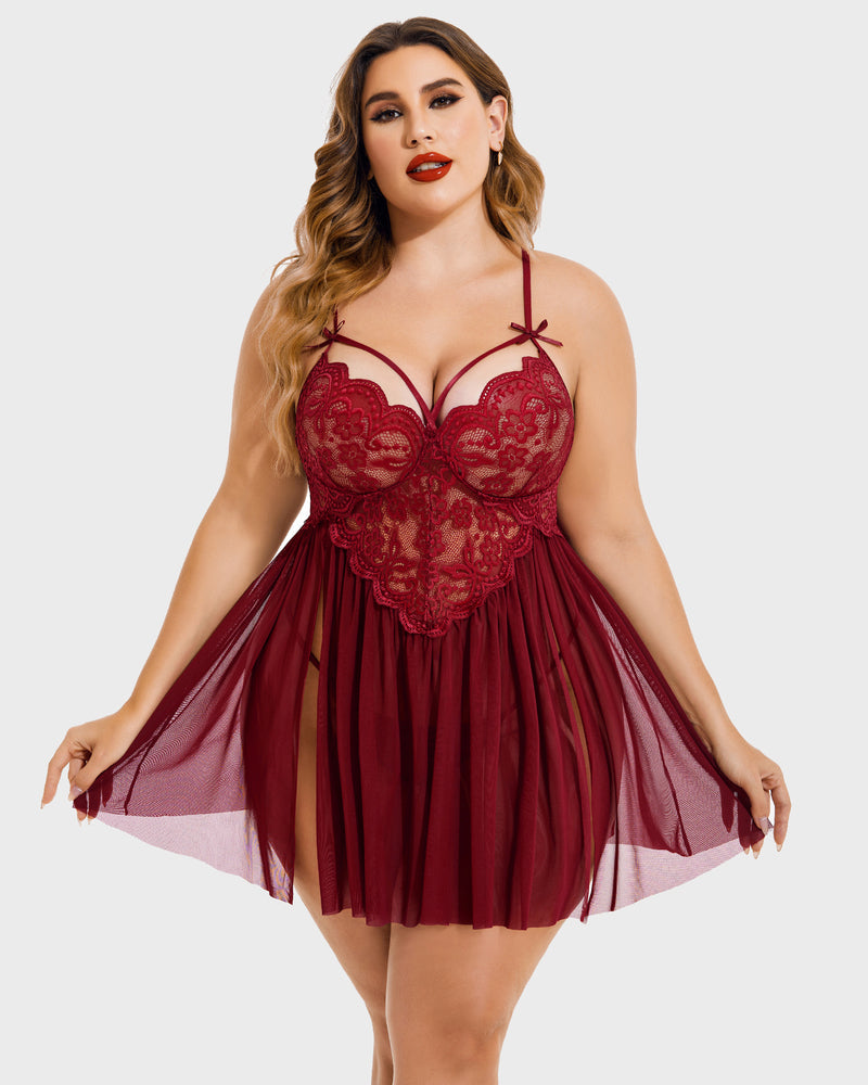 Burgundy plus size babydoll lingerie with lace detail and mesh side slit