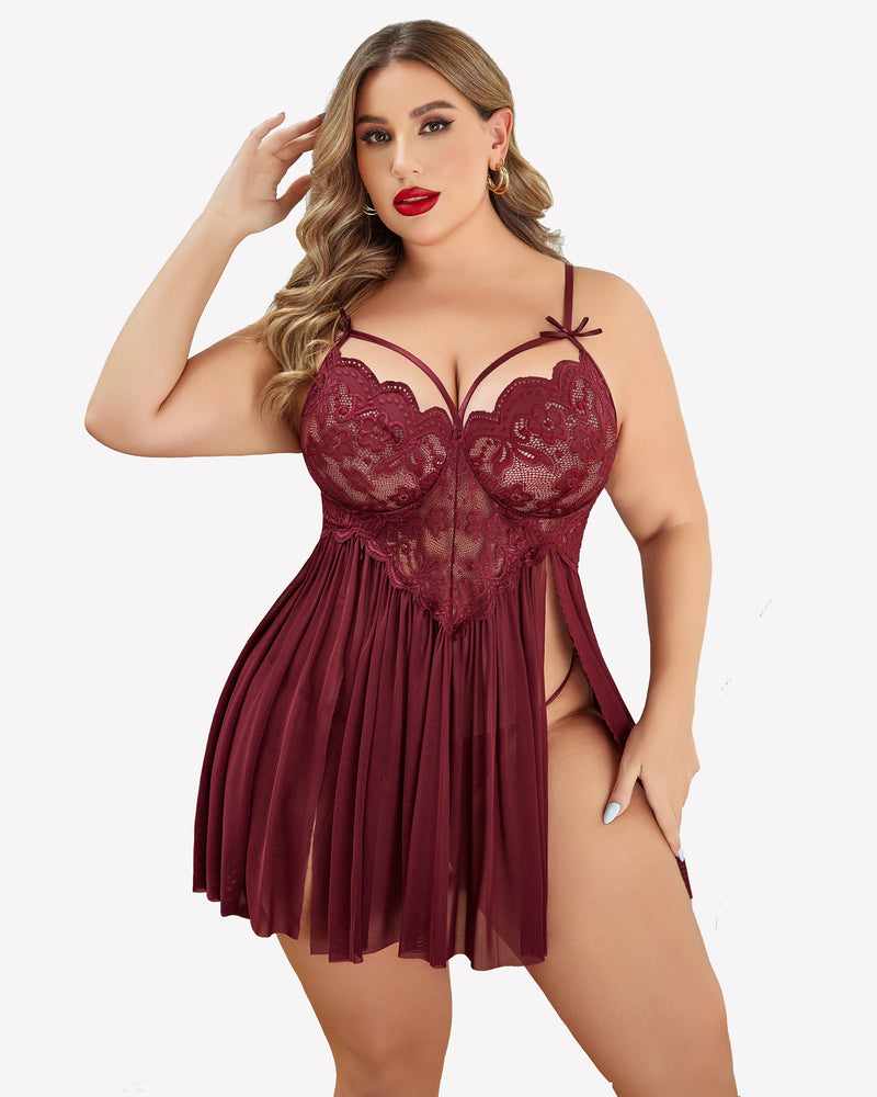 Burgundy plus size lace nightdress with side slit and lace detailing, sexy lingerie.