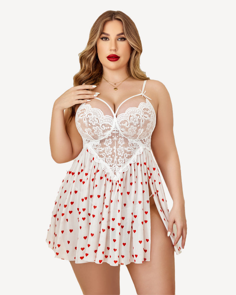 Plus Size Babydoll Lingerie with Heart Print and Lace Cups