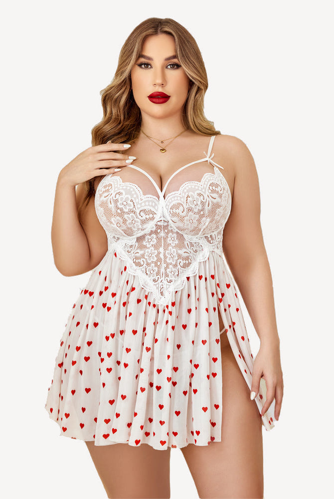 Plus Size Heart Print Nightdress with Lace - White with Red Hearts and High Slit