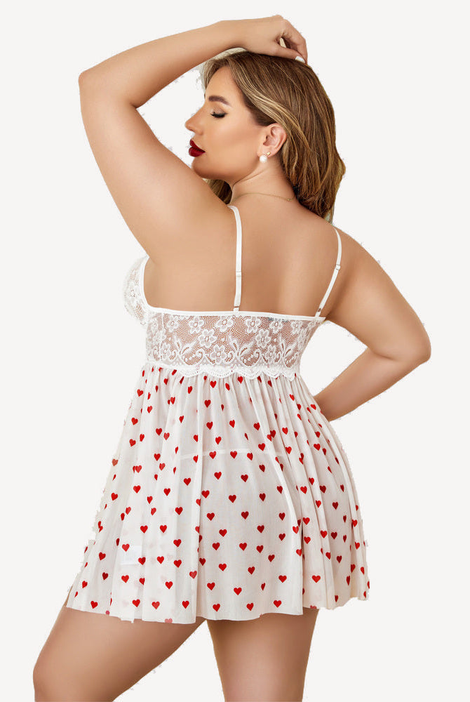 Plus size white babydoll nightdress with red heart print, lace top and adjustable straps