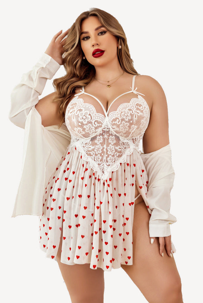 Plus Size Heart Print Lace Babydoll Nightdress with High Slit. Sexy lingerie