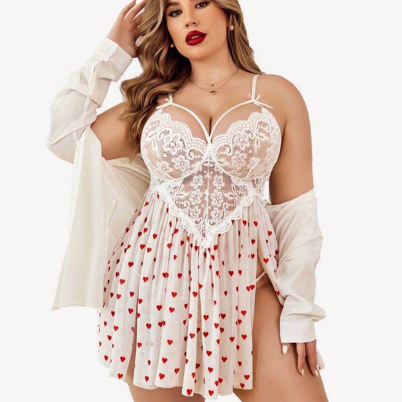 Plus Size Heart Lace Nightdress in white with red hearts and high slit.
