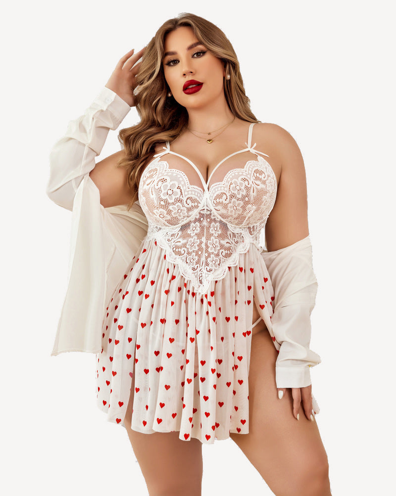 Plus Size Heart Lace Nightdress in white with red hearts and high slit.