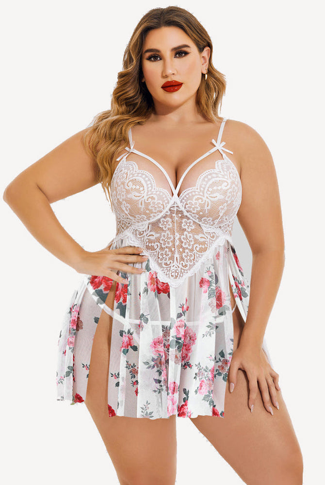 Plus Size White Lace Floral Babydoll Lingerie with Adjustable Straps