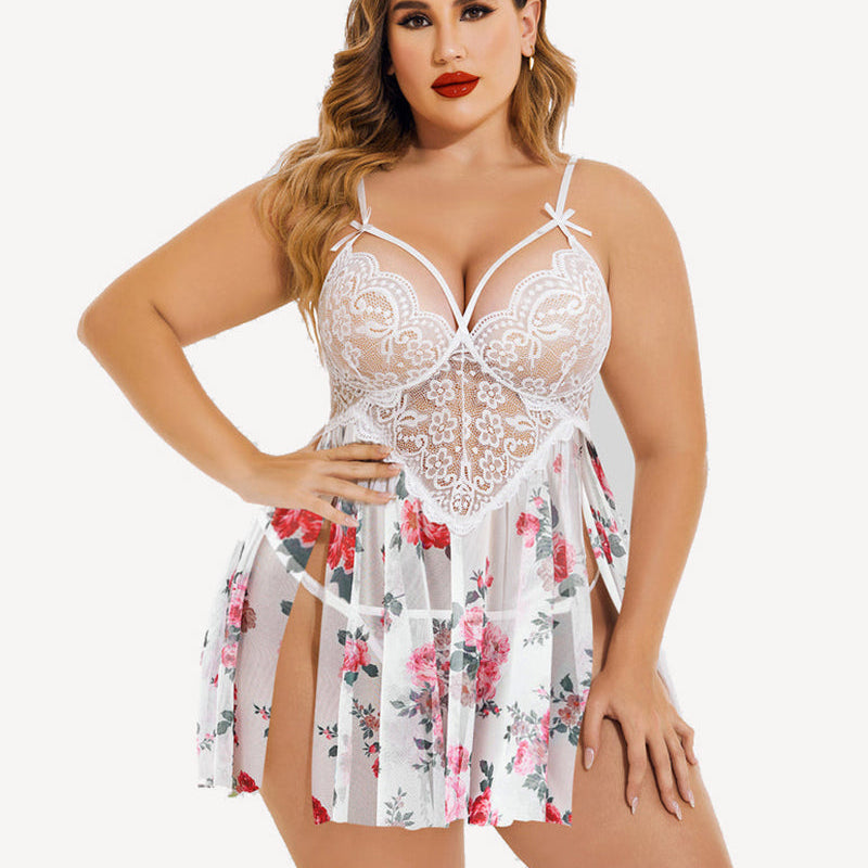 Plus Size White Lace Floral Babydoll Lingerie with Adjustable Straps