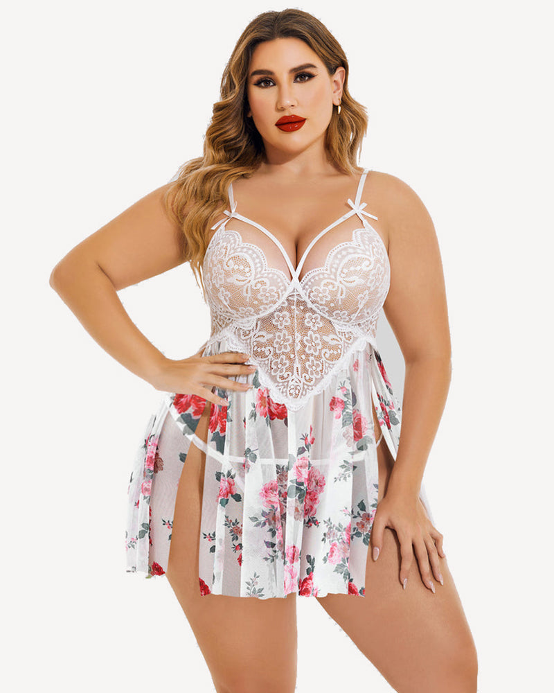 Plus Size White Lace Floral Babydoll Lingerie with Adjustable Straps