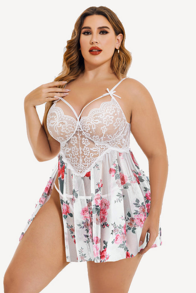 Plus Size Floral Print Babydoll Nightdress with Lace Top and High Slit, Sexy Lingerie