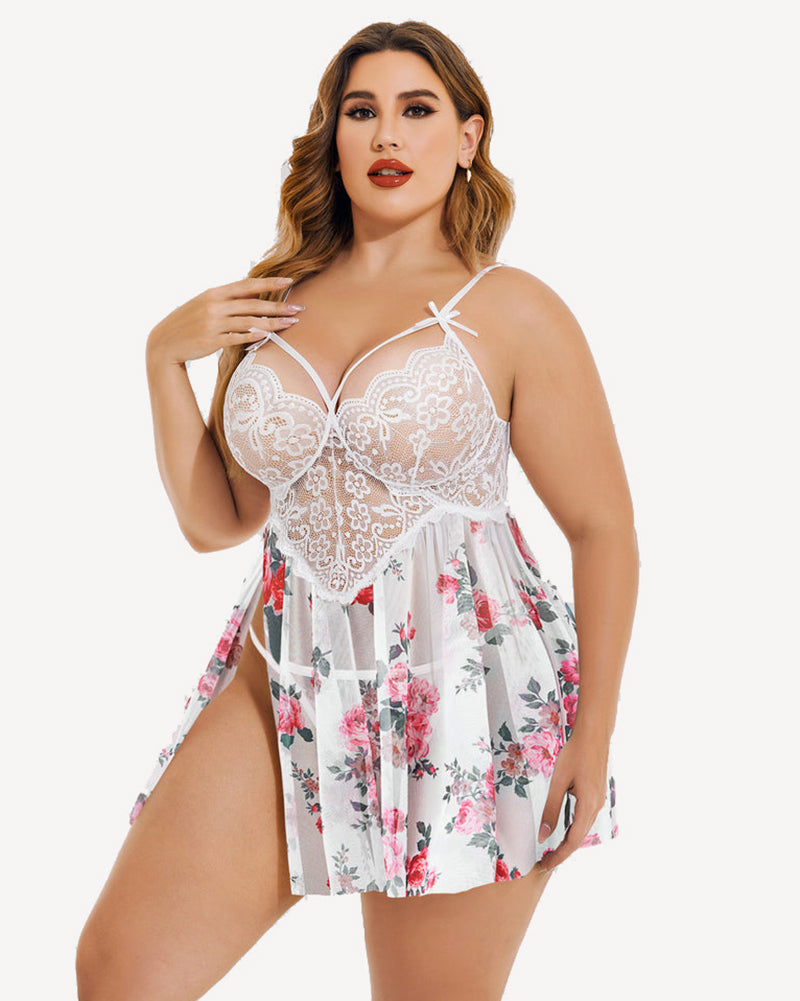Plus Size White Floral Print Babydoll Lingerie with Lace and High Slit