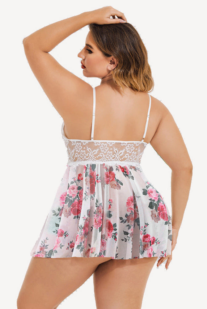 Plus size floral lace nightdress with pink floral print, sexy lingerie for confident women.