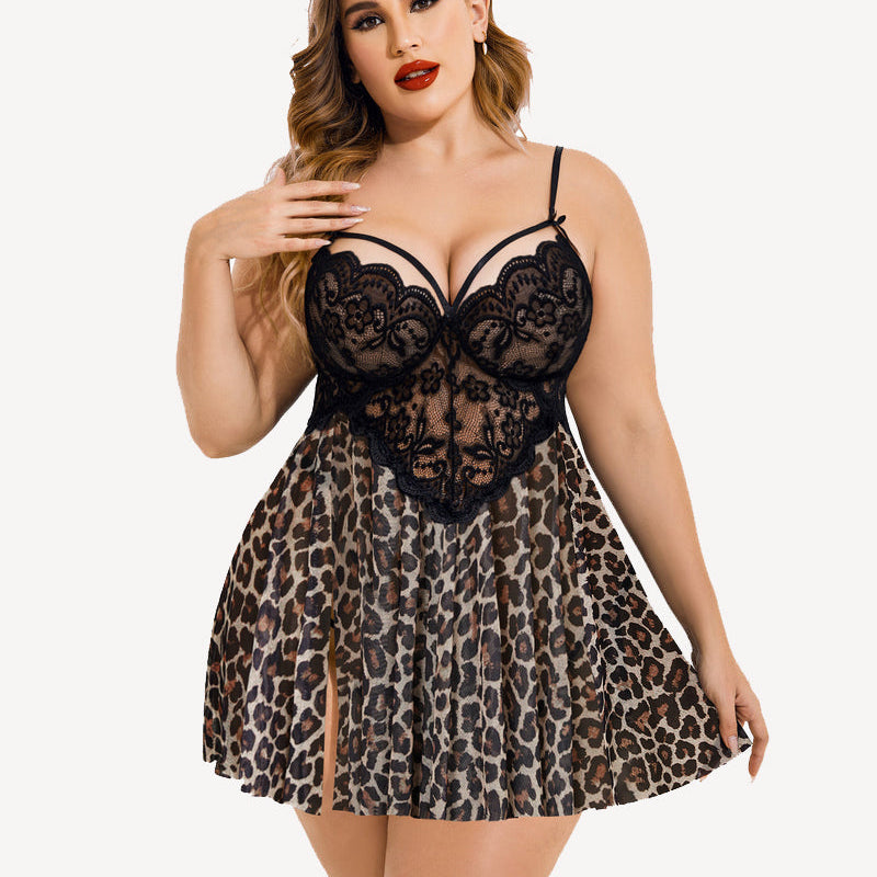 Plus size leopard print babydoll lingerie with black lace bust, high slit and adjustable straps