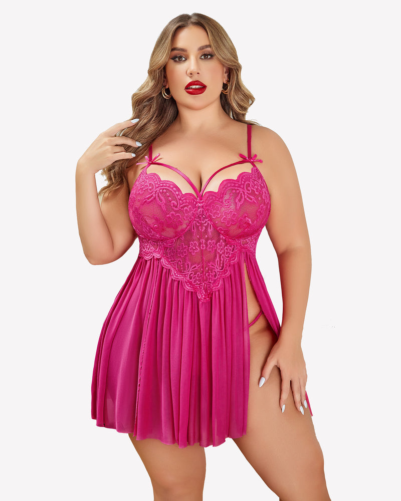 Fuchsia plus size babydoll lingerie with lace detail, mesh side slit and adjustable straps