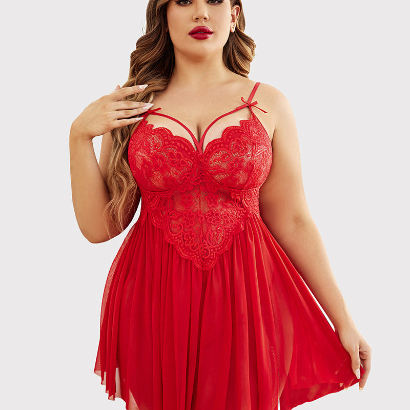 Plus Size Red Babydoll Lingerie with Lace Cups, Mesh Skirt and Side Slit
