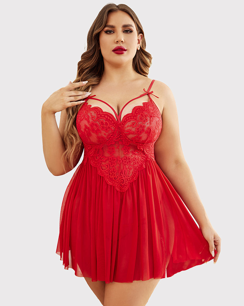 Plus Size Red Babydoll Lingerie with Lace Cups, Mesh Skirt and Side Slit
