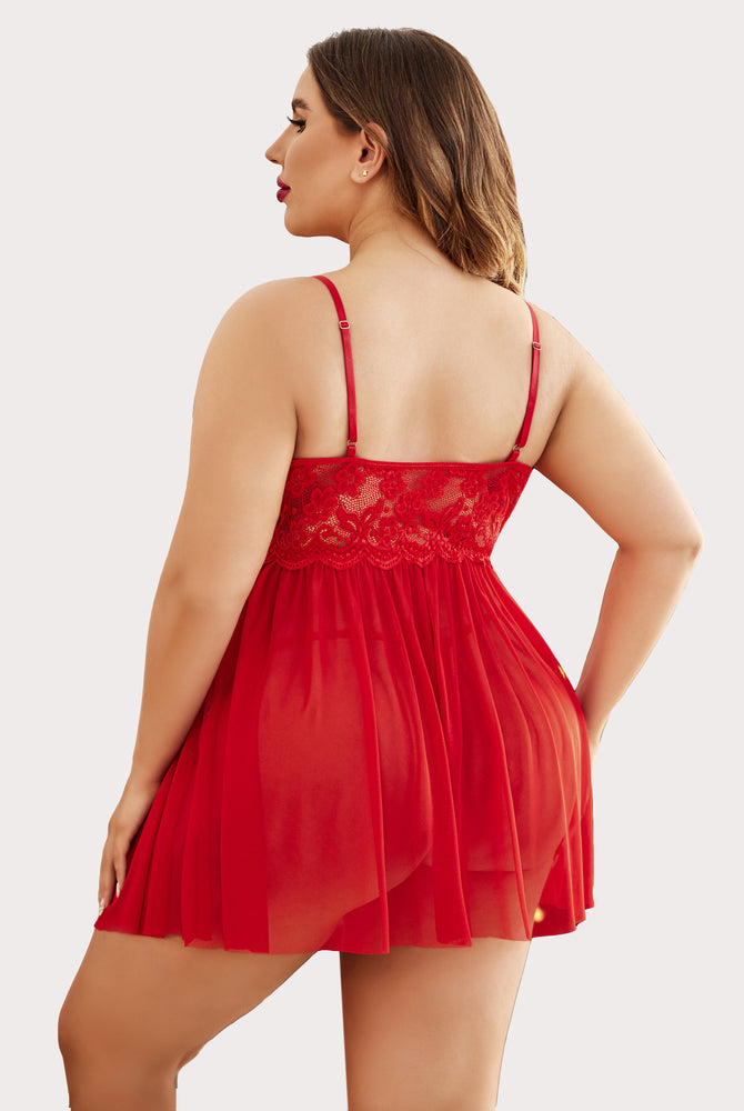 Plus size red lace babydoll lingerie with high slit, adjustable straps and scalloped trim