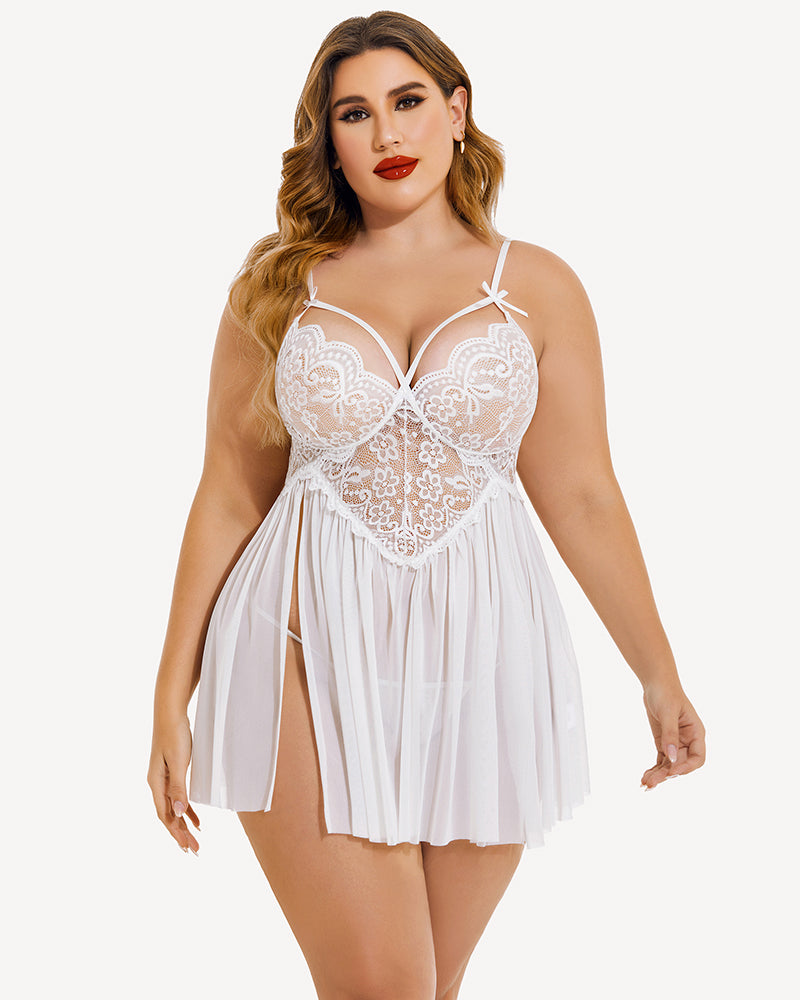 White plus size babydoll lingerie with lace detail and mesh side slit, perfect for comfort and style