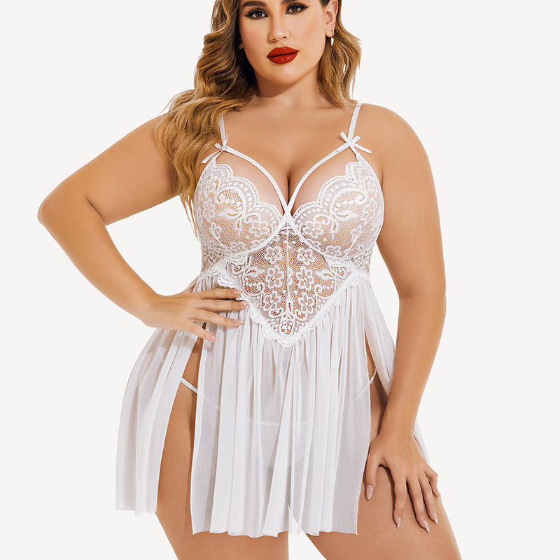 Plus size white babydoll lingerie with lace detail and adjustable straps, mesh side slit design