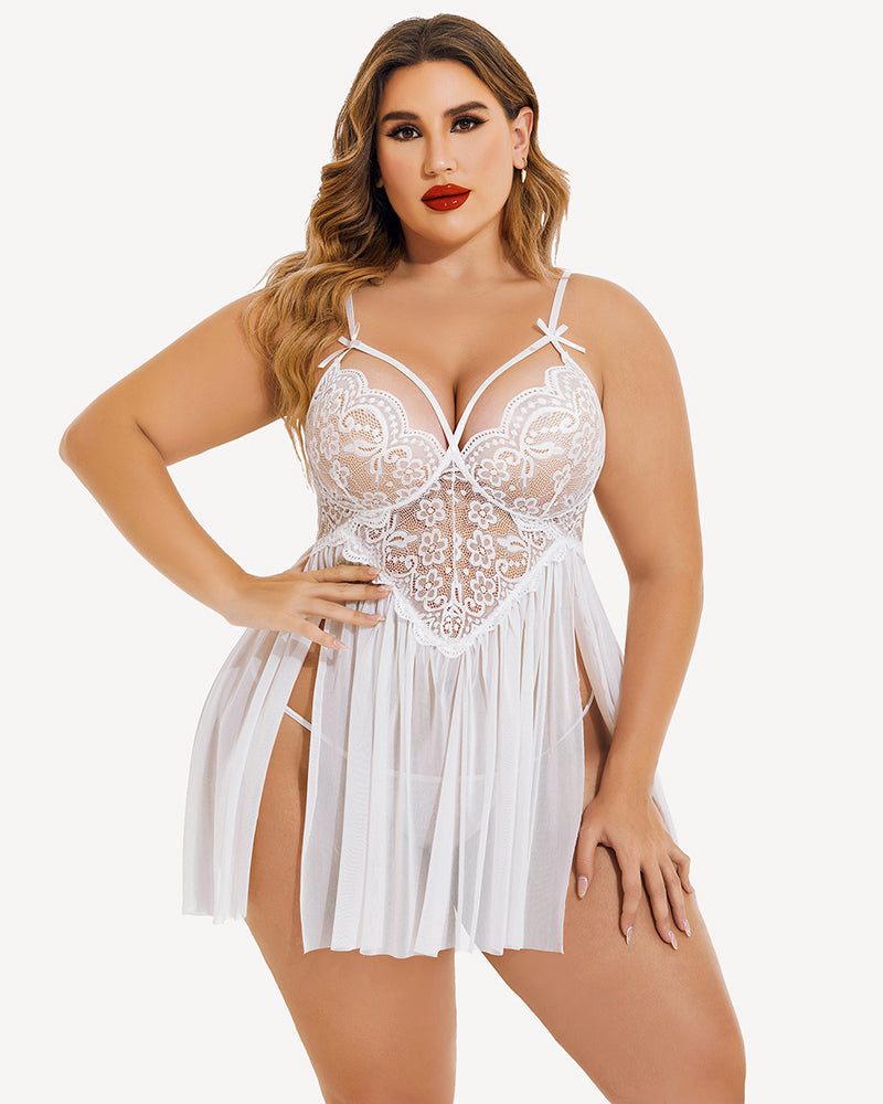 Plus size white babydoll lingerie with lace detail and adjustable straps, mesh side slit design