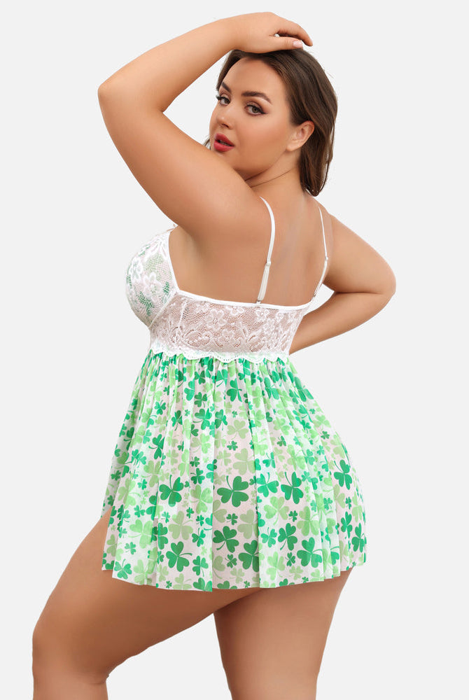 Plus Size Green Shamrock Print Lingerie Set with Lace Top