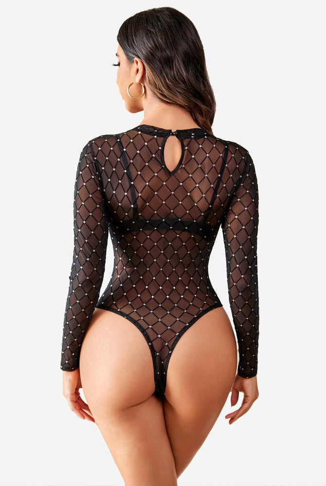 Black mesh bodysuit with diamond pattern, long sleeves, keyhole back, and sexy lingerie.