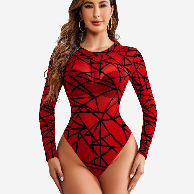Red sheer mesh long sleeve bodysuit with black geometric pattern. Sexy lingerie by Avidlove