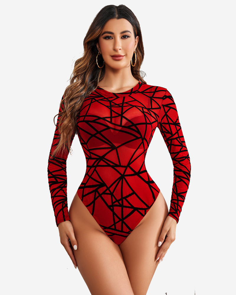 Red sheer mesh long sleeve bodysuit with black geometric pattern. Sexy lingerie by Avidlove
