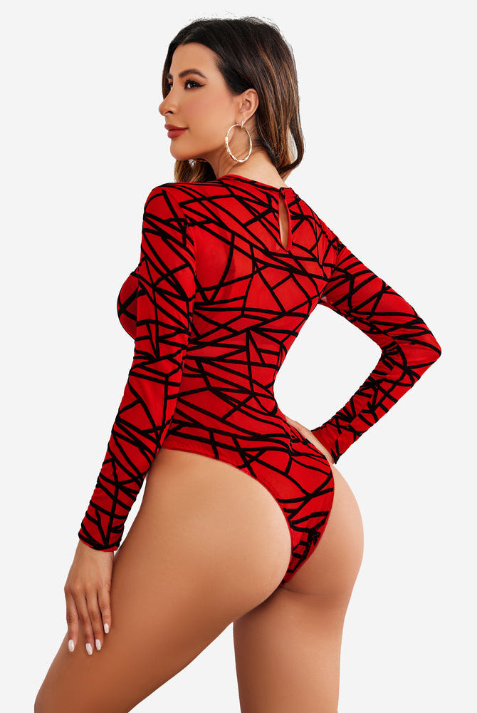 Red mesh geometric bodysuit with long sleeves and keyhole back detail; sexy lingerie.