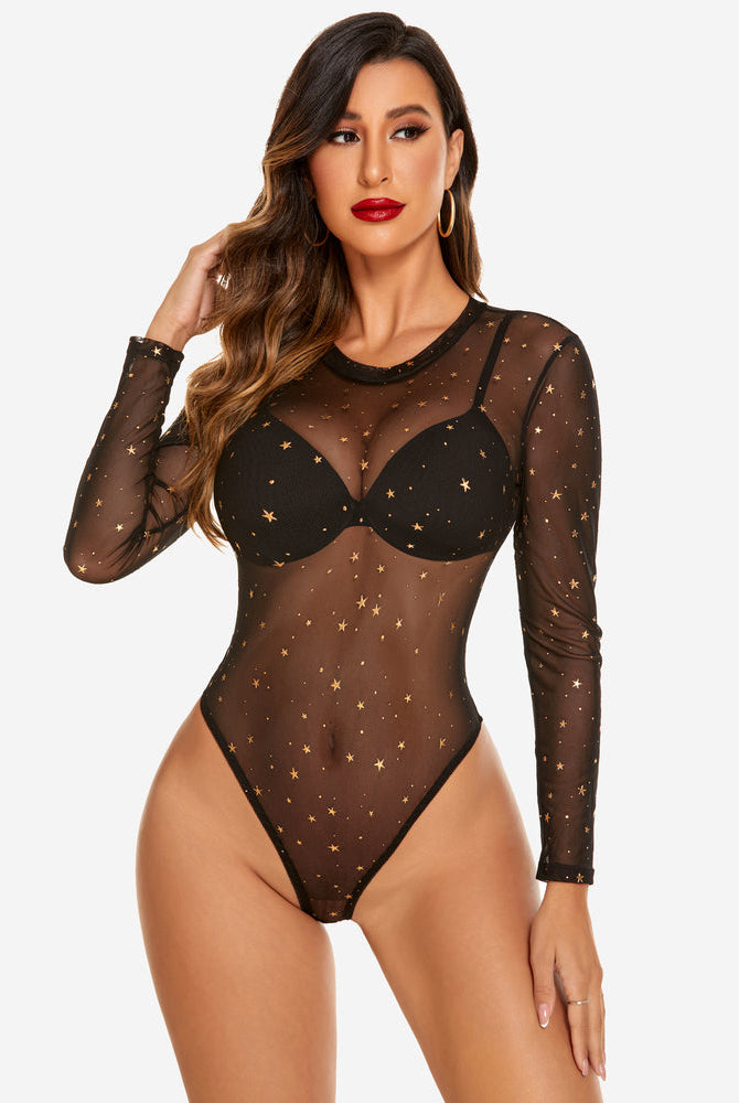 Black mesh bodysuit with gold stars, long sleeves, sheer and sexy lingerie for women by Avidlove.