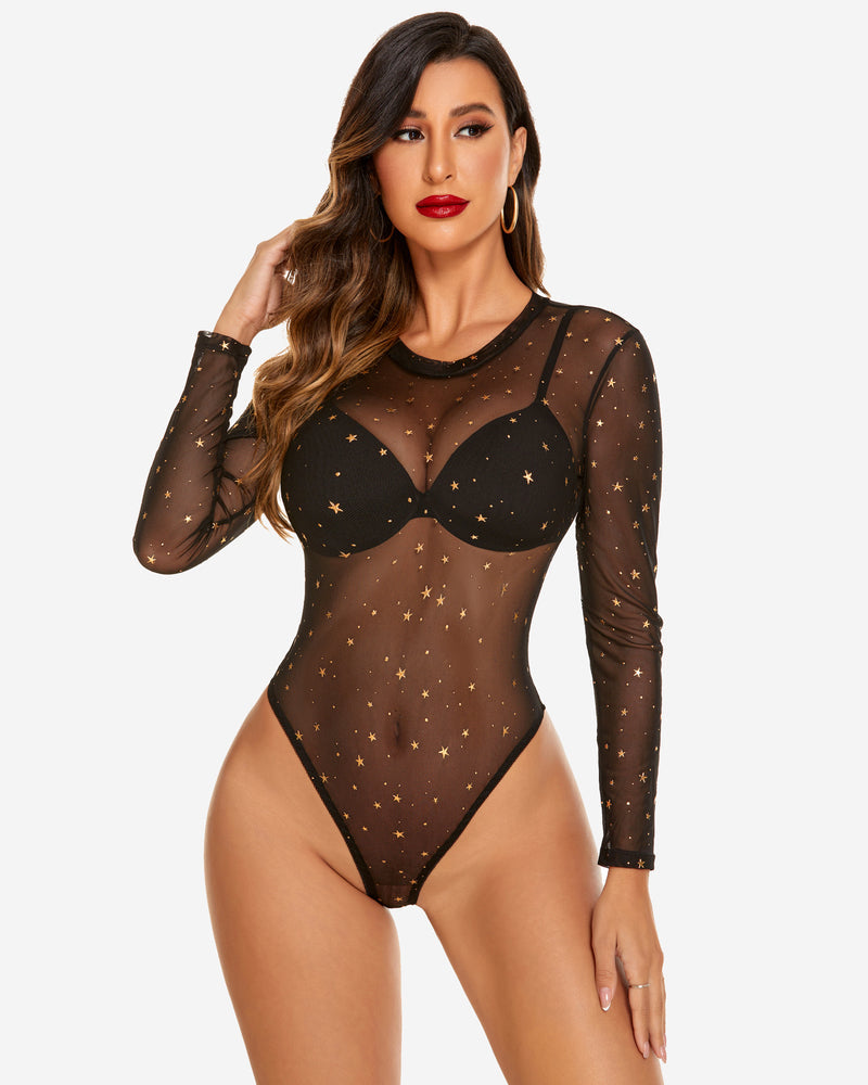 Black mesh bodysuit with gold stars, long sleeves, sheer and sexy lingerie for women by Avidlove.