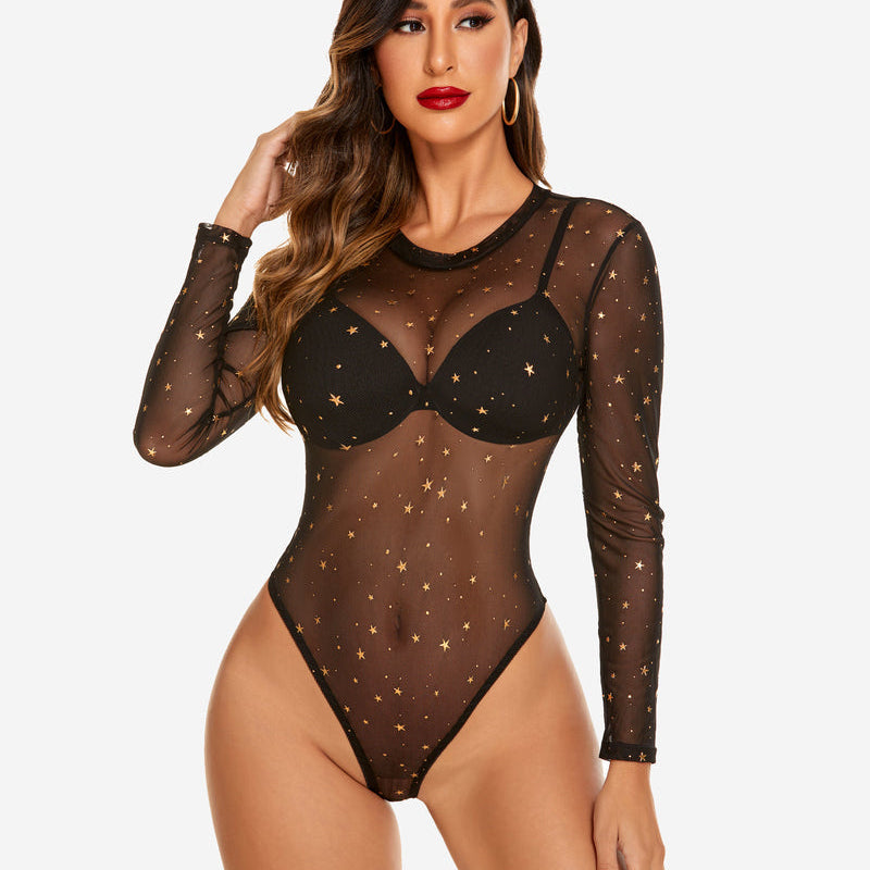 Black mesh bodysuit with gold star pattern, long sleeves and crew neck. Sexy lingerie from Avidlove