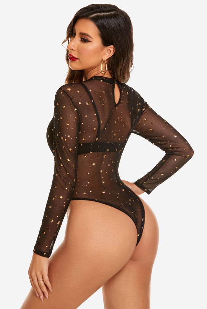 Black mesh bodysuit with gold stars, long sleeves, sheer and sexy lingerie by Avidlove