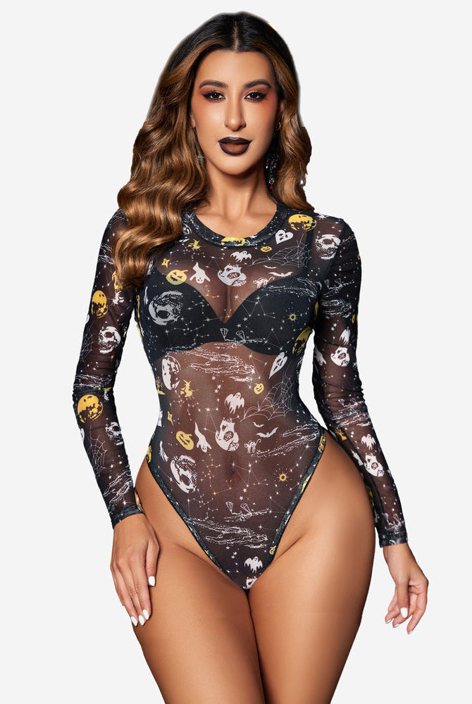 Black mesh long sleeve bodysuit with Halloween ghost print, perfect for confident, sexy women.