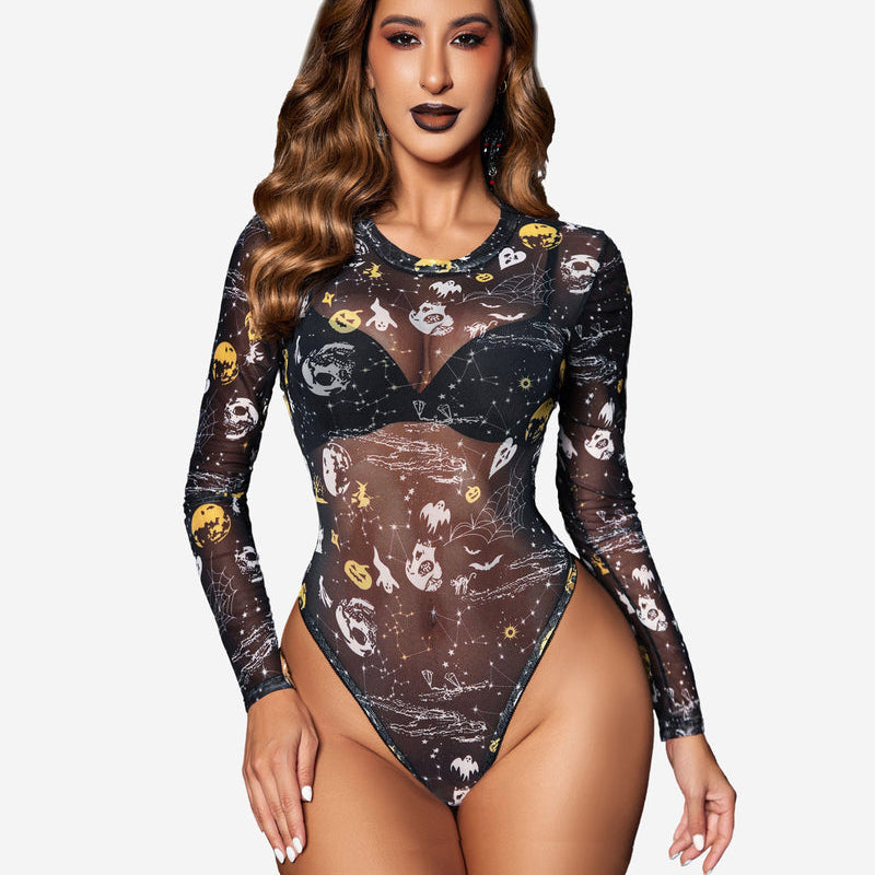 Black mesh long sleeve bodysuit with Halloween ghost print, perfect for confident, sexy women.